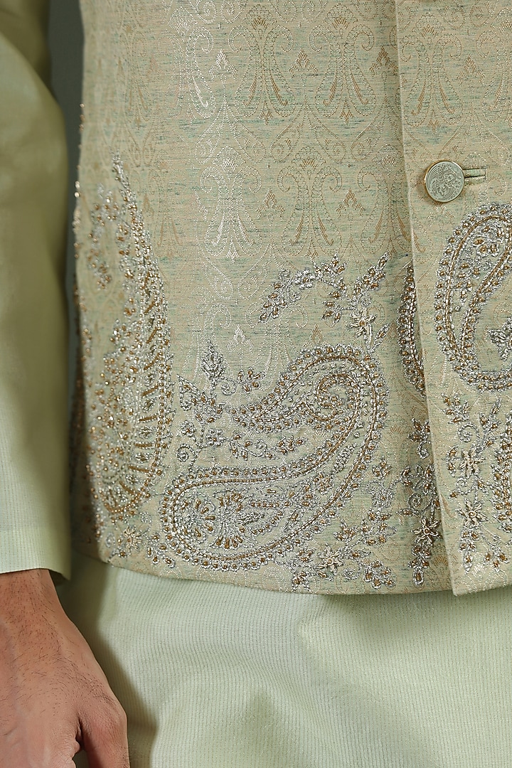 Tea Green Jacquard Hand & Machine Embroidered Nehru Jacket Set by Kushal's Men at Pernia's Pop Up Shop