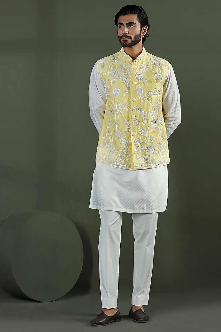 Yellow Viscose Silk Hand & Machine Nehru Jacket Set by Kushal's Men