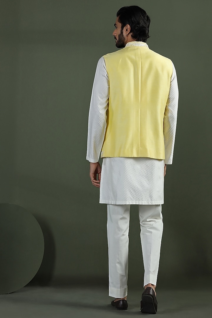 Yellow Viscose Silk Hand & Machine Nehru Jacket Set by Kushal's Men at Pernia's Pop Up Shop