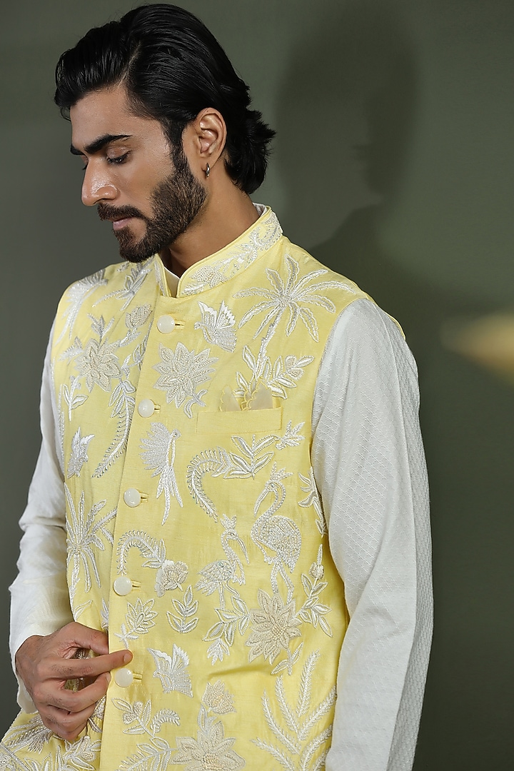 Yellow Viscose Silk Hand & Machine Nehru Jacket Set by Kushal's Men at Pernia's Pop Up Shop