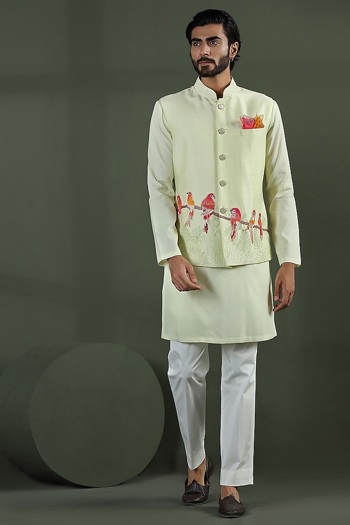 Java Green Viscose Silk Hand Embroidered Nehru Jacket Set by Kushal's Men