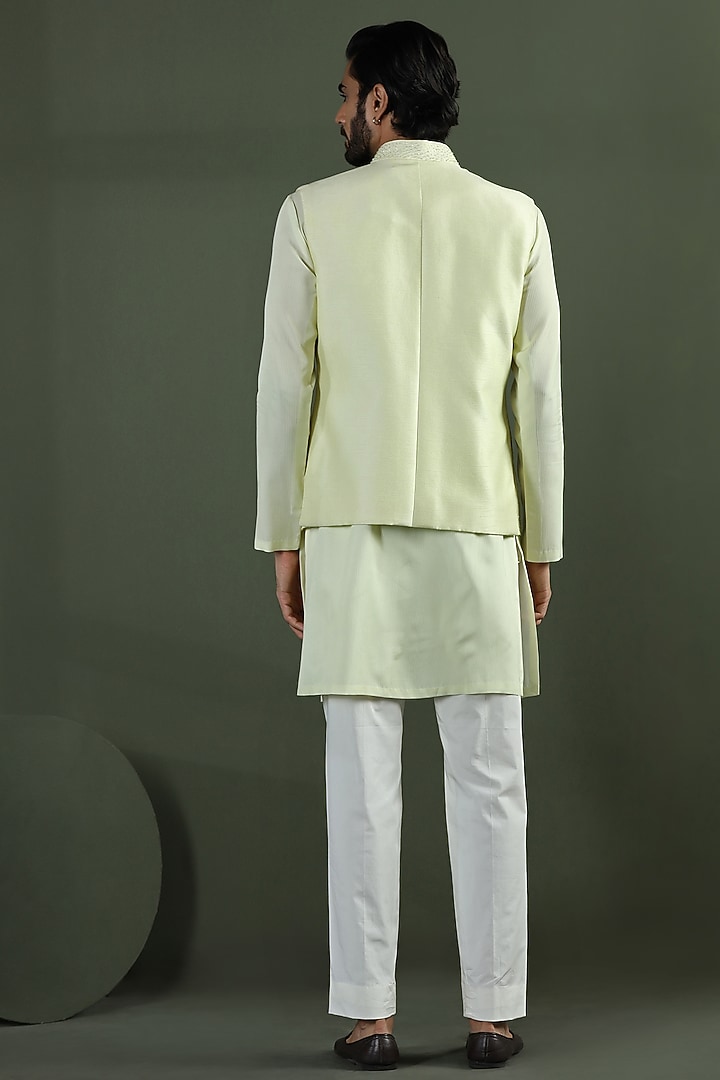 Java Green Viscose Silk Hand Embroidered Nehru Jacket Set by Kushal's Men at Pernia's Pop Up Shop