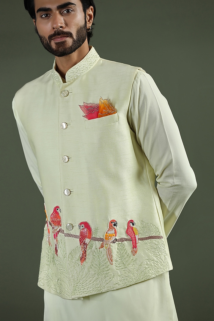 Java Green Viscose Silk Hand Embroidered Nehru Jacket Set by Kushal's Men at Pernia's Pop Up Shop