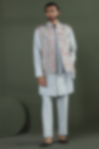 Ocean Grey Poly Crepe Kashmiri Embroidered Open Jacket Set by Kushal's Men