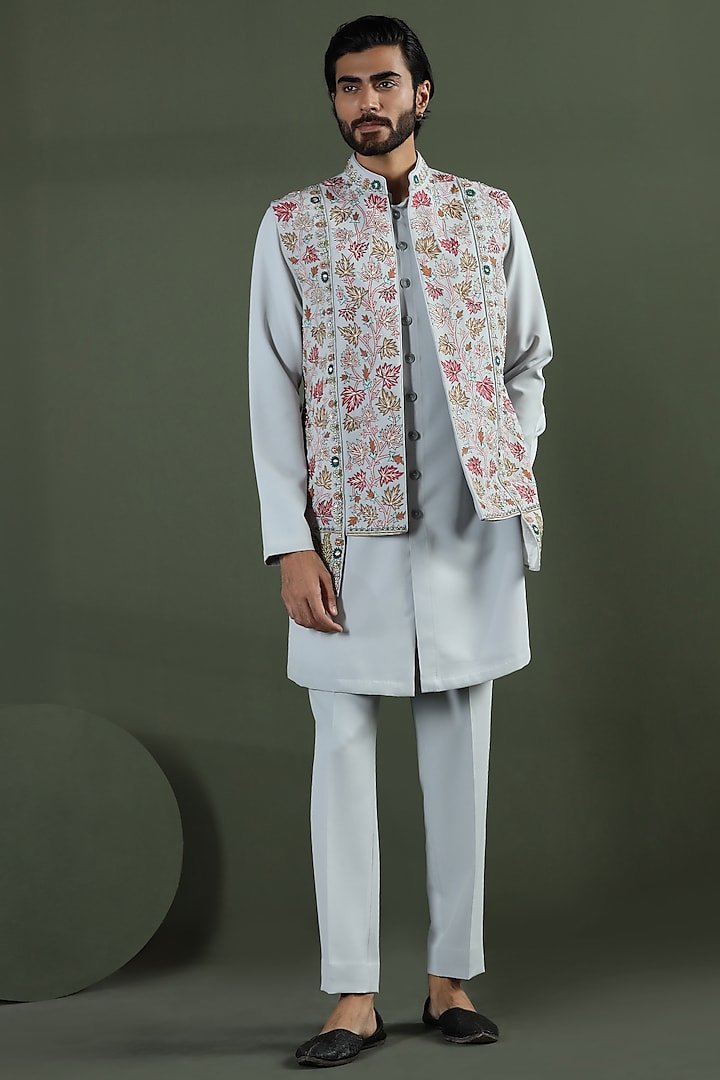 Ocean Grey Poly Crepe Kashmiri Embroidered Open Jacket Set by Kushal's Men