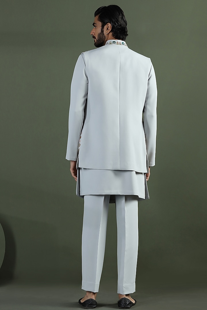 Ocean Grey Poly Crepe Kashmiri Embroidered Open Jacket Set by Kushal's Men at Pernia's Pop Up Shop