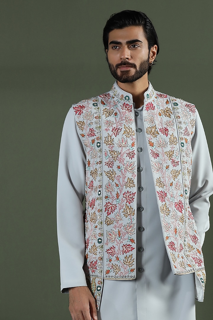Ocean Grey Poly Crepe Kashmiri Embroidered Open Jacket Set by Kushal's Men at Pernia's Pop Up Shop