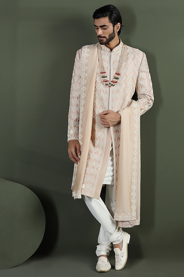 Gold Shimmer Silk Hand Embroidered Sherwani Set by Kushal's Men