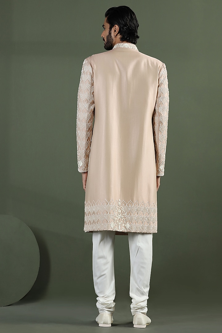 Gold Shimmer Silk Hand Embroidered Groom Sherwani Set by Kushal's Men at Pernia's Pop Up Shop