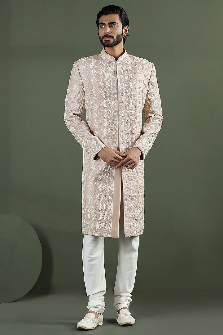 Gold Shimmer Silk Hand Embroidered Groom Sherwani Set by Kushal's Men at Pernia's Pop Up Shop