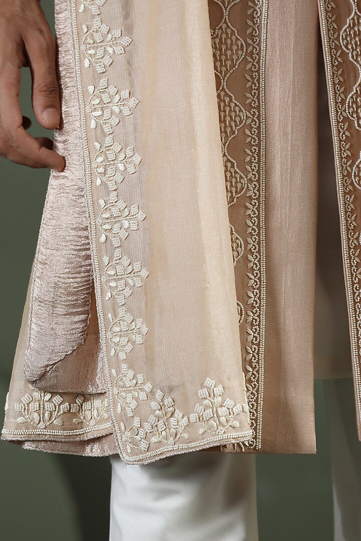 Gold Shimmer Silk Hand Embroidered Groom Sherwani Set by Kushal's Men at Pernia's Pop Up Shop
