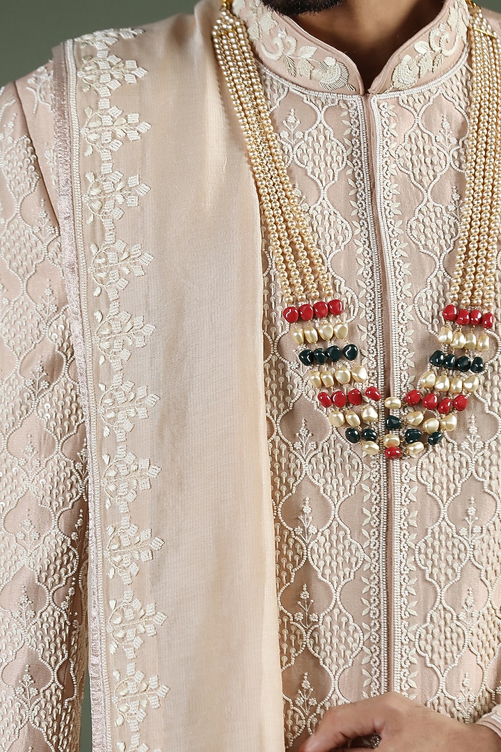 Gold Shimmer Silk Hand Embroidered Groom Sherwani Set by Kushal's Men at Pernia's Pop Up Shop