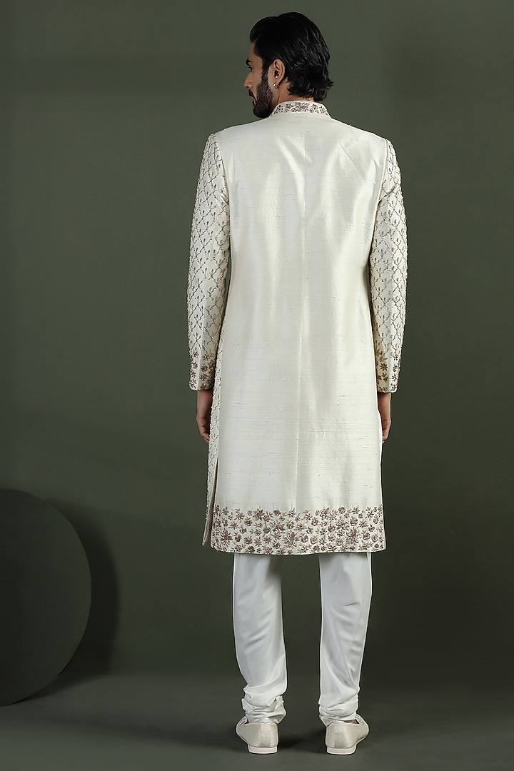 Ivory Raw Silk Hand Embroidered Groom Sherwani Set by Kushal's Men at Pernia's Pop Up Shop
