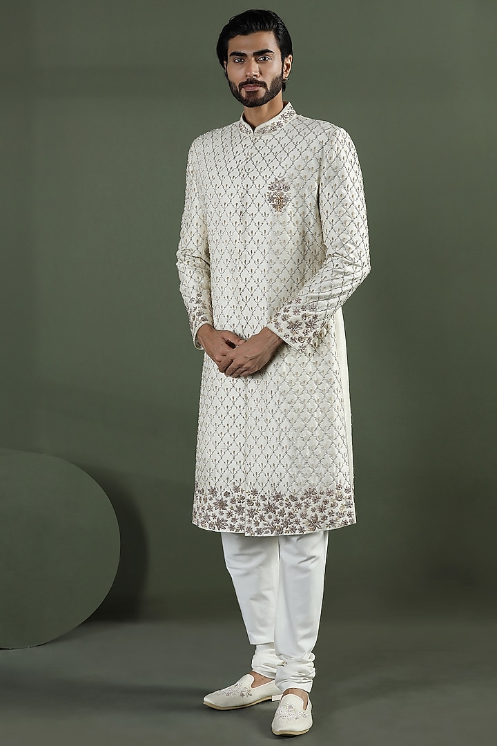 Ivory Raw Silk Hand Embroidered Groom Sherwani Set by Kushal's Men at Pernia's Pop Up Shop