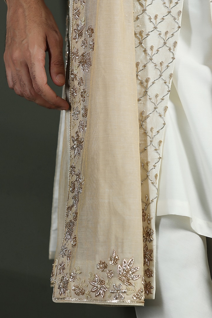 Ivory Raw Silk Hand Embroidered Groom Sherwani Set by Kushal's Men at Pernia's Pop Up Shop