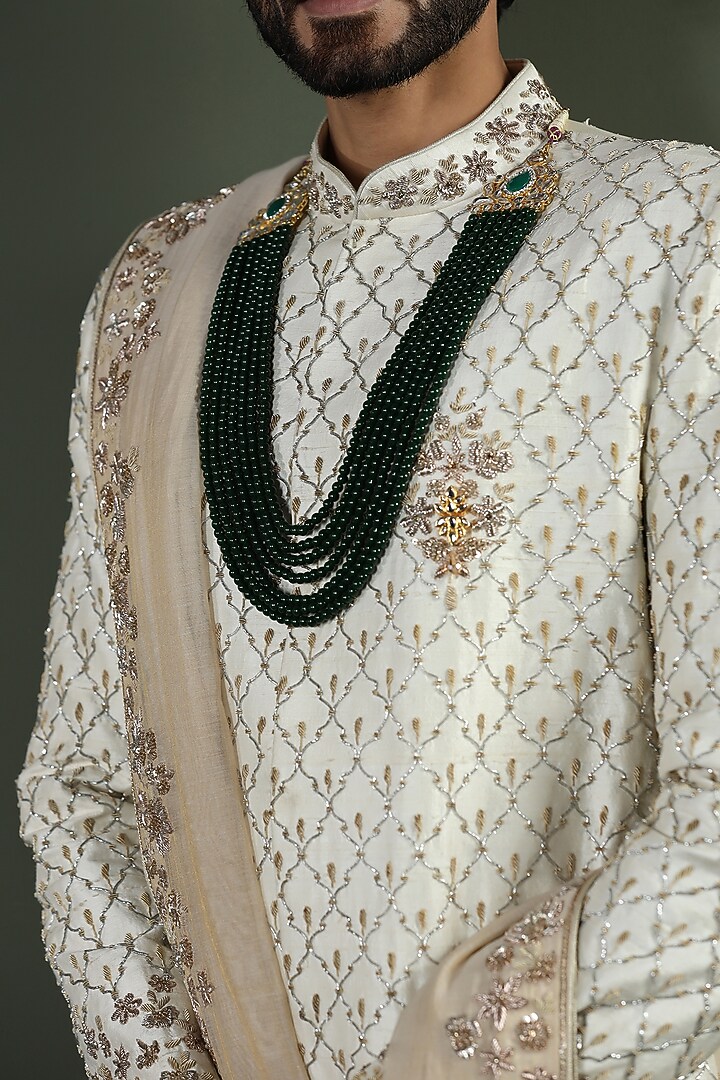 Ivory Raw Silk Hand Embroidered Groom Sherwani Set by Kushal's Men at Pernia's Pop Up Shop