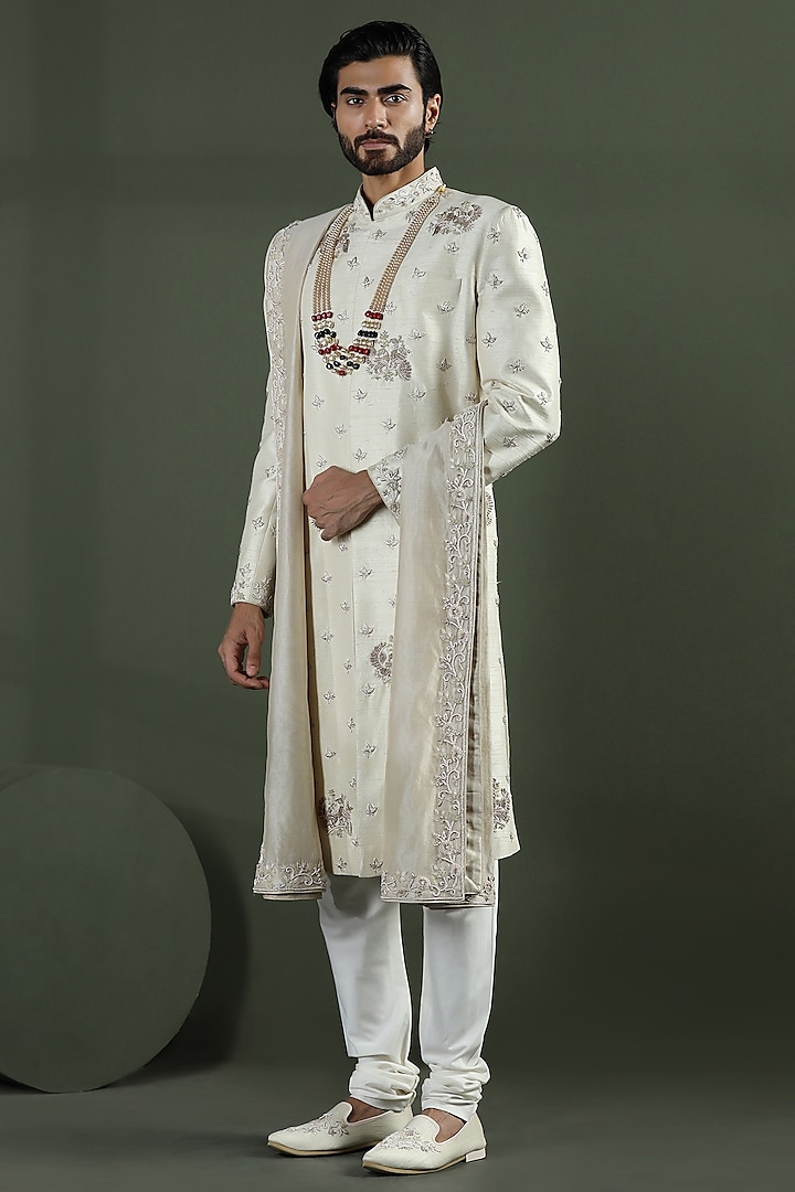 Ivory Raw Silk Hand Embroidered Groom Sherwani Set by Kushal's Men at Pernia's Pop Up Shop