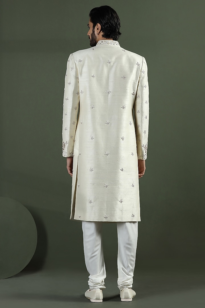Ivory Raw Silk Hand Embroidered Groom Sherwani Set by Kushal's Men at Pernia's Pop Up Shop