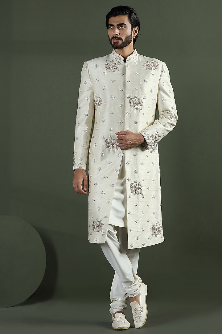 Ivory Raw Silk Hand Embroidered Groom Sherwani Set by Kushal's Men at Pernia's Pop Up Shop