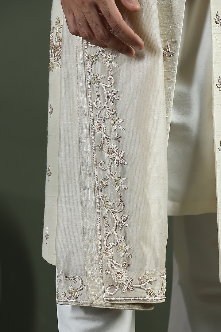 Ivory Raw Silk Hand Embroidered Groom Sherwani Set by Kushal's Men at Pernia's Pop Up Shop