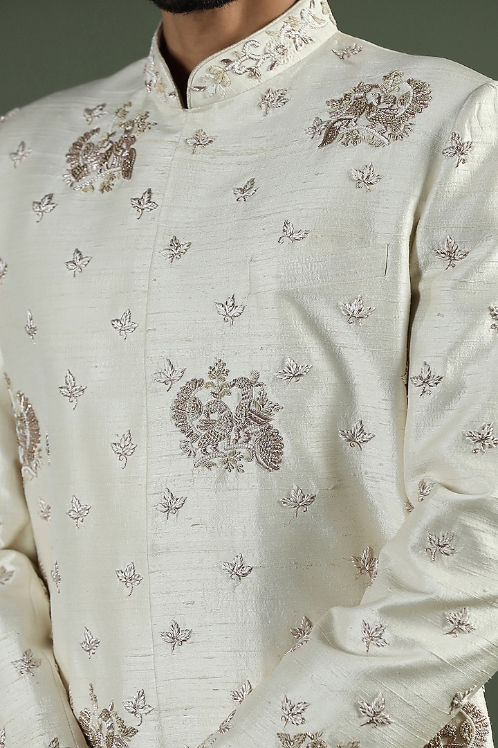 Ivory Raw Silk Hand Embroidered Groom Sherwani Set by Kushal's Men at Pernia's Pop Up Shop