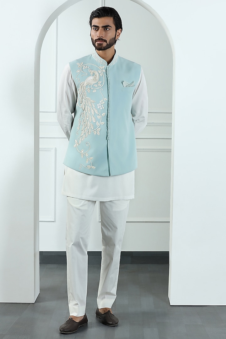 Aqua Green Poly Knit Hand Embroidered Nehru Jacket Set by Kushal's Men