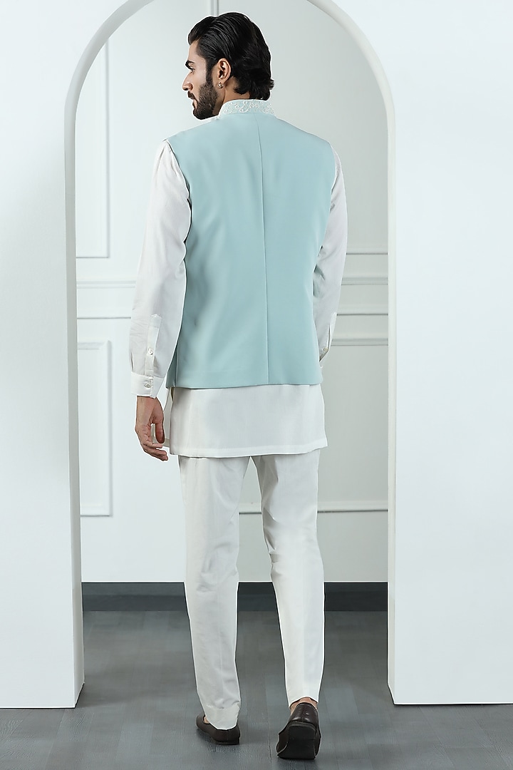 Aqua Green Poly Knit Hand Embroidered Nehru Jacket Set by Kushal's Men at Pernia's Pop Up Shop