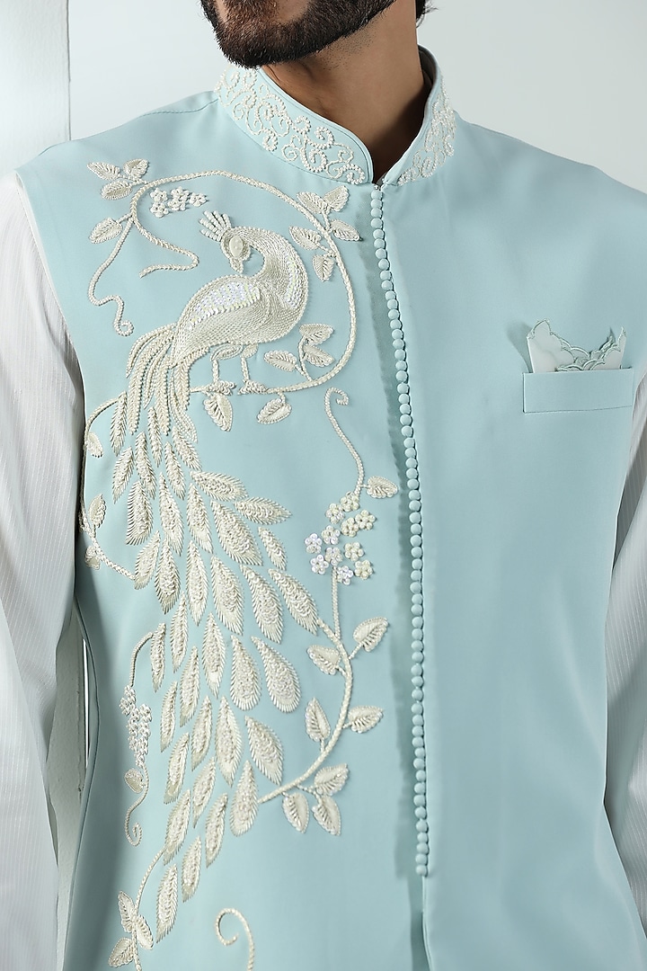 Aqua Green Poly Knit Hand Embroidered Nehru Jacket Set by Kushal's Men at Pernia's Pop Up Shop