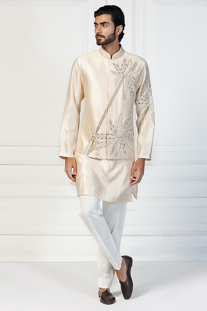 Champagne Beige Shimmer Silk Hand Embroidered Nehru Jacket Set by Kushal's Men at Pernia's Pop Up Shop