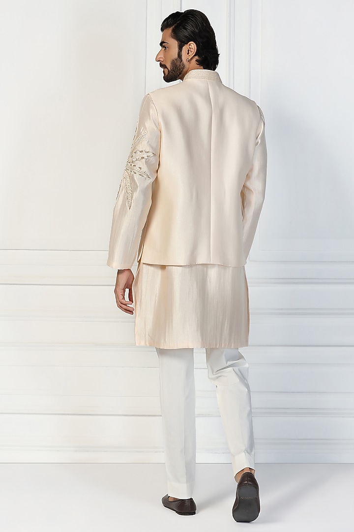Champagne Beige Shimmer Silk Hand Embroidered Nehru Jacket Set by Kushal's Men at Pernia's Pop Up Shop