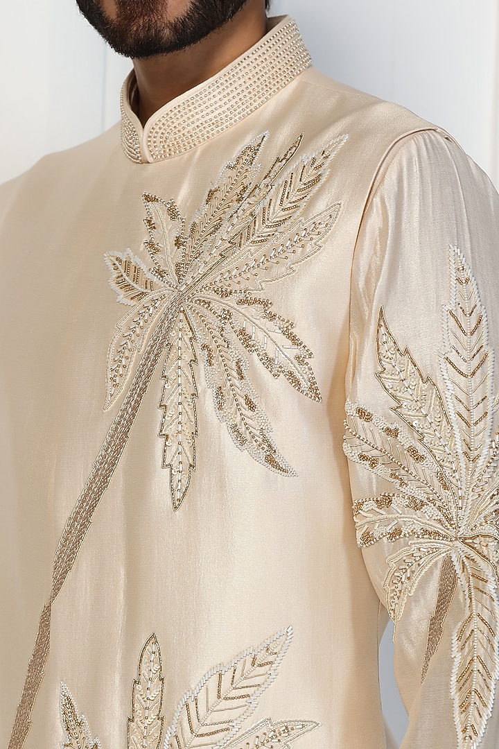 Champagne Beige Shimmer Silk Hand Embroidered Nehru Jacket Set by Kushal's Men at Pernia's Pop Up Shop