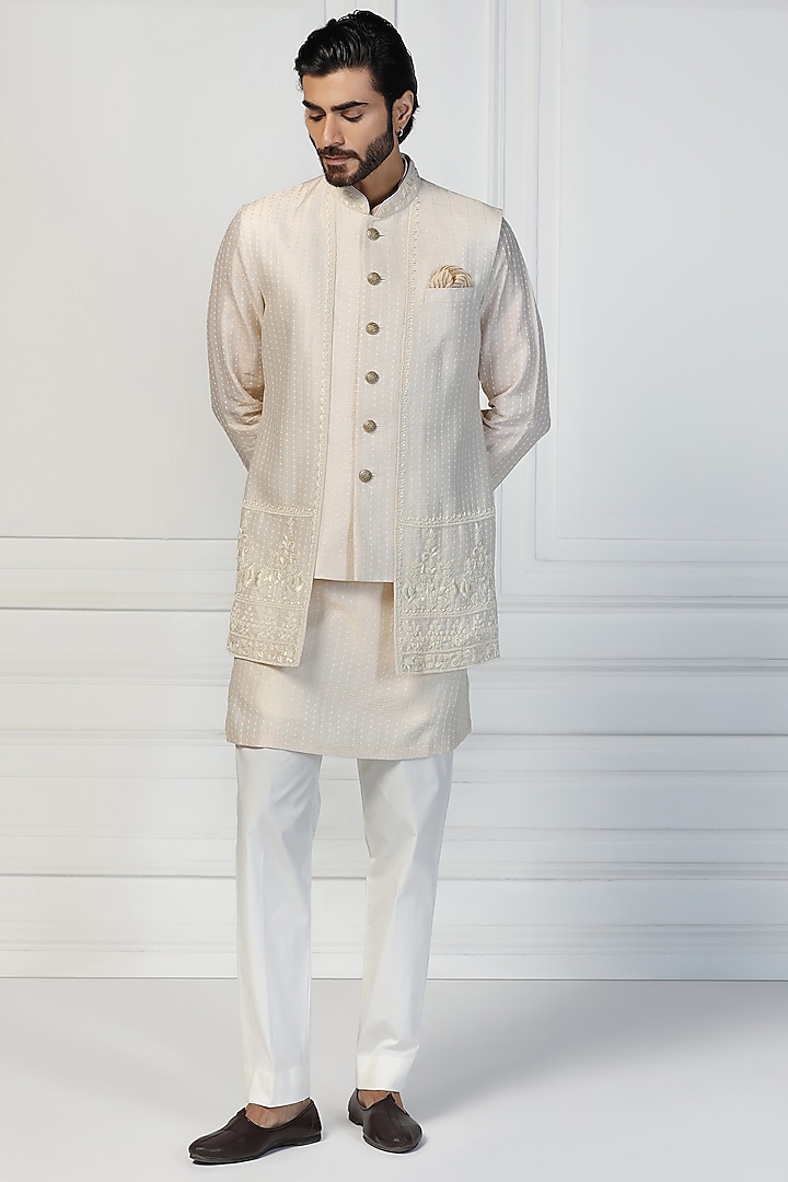 Coconut Cream Zari Tissue Dabka Embroidered Jacket Set by Kushal's Men