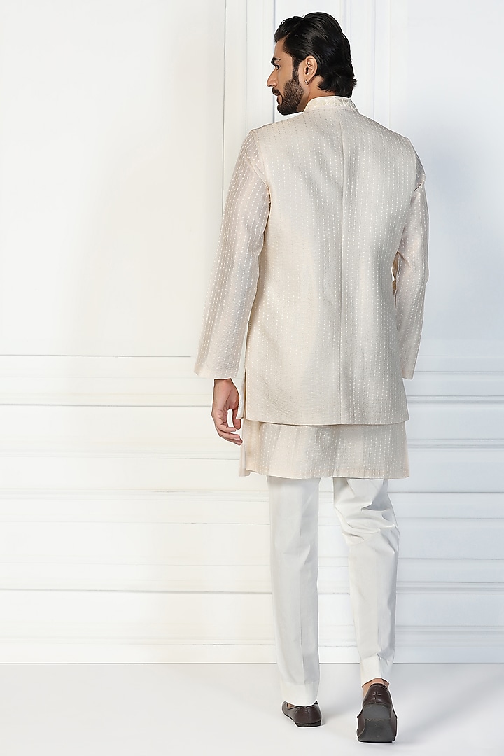 Coconut Cream Zari Tissue Dabka Embroidered Jacket Set by Kushal's Men at Pernia's Pop Up Shop