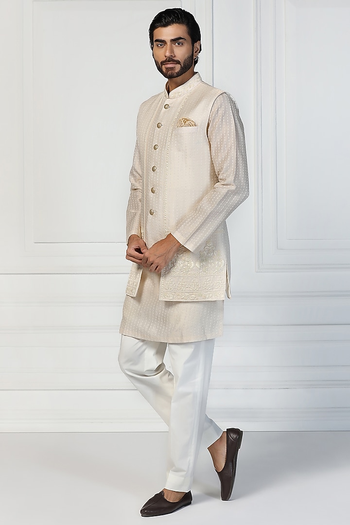 Coconut Cream Zari Tissue Dabka Embroidered Jacket Set by Kushal's Men at Pernia's Pop Up Shop