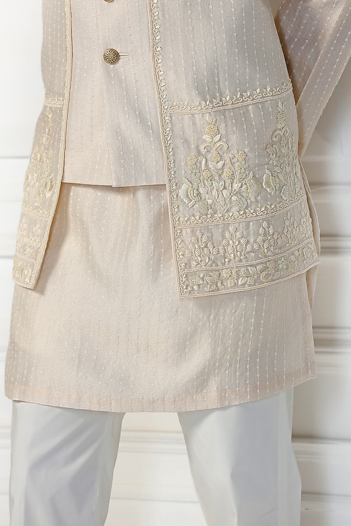 Coconut Cream Zari Tissue Dabka Embroidered Jacket Set by Kushal's Men at Pernia's Pop Up Shop
