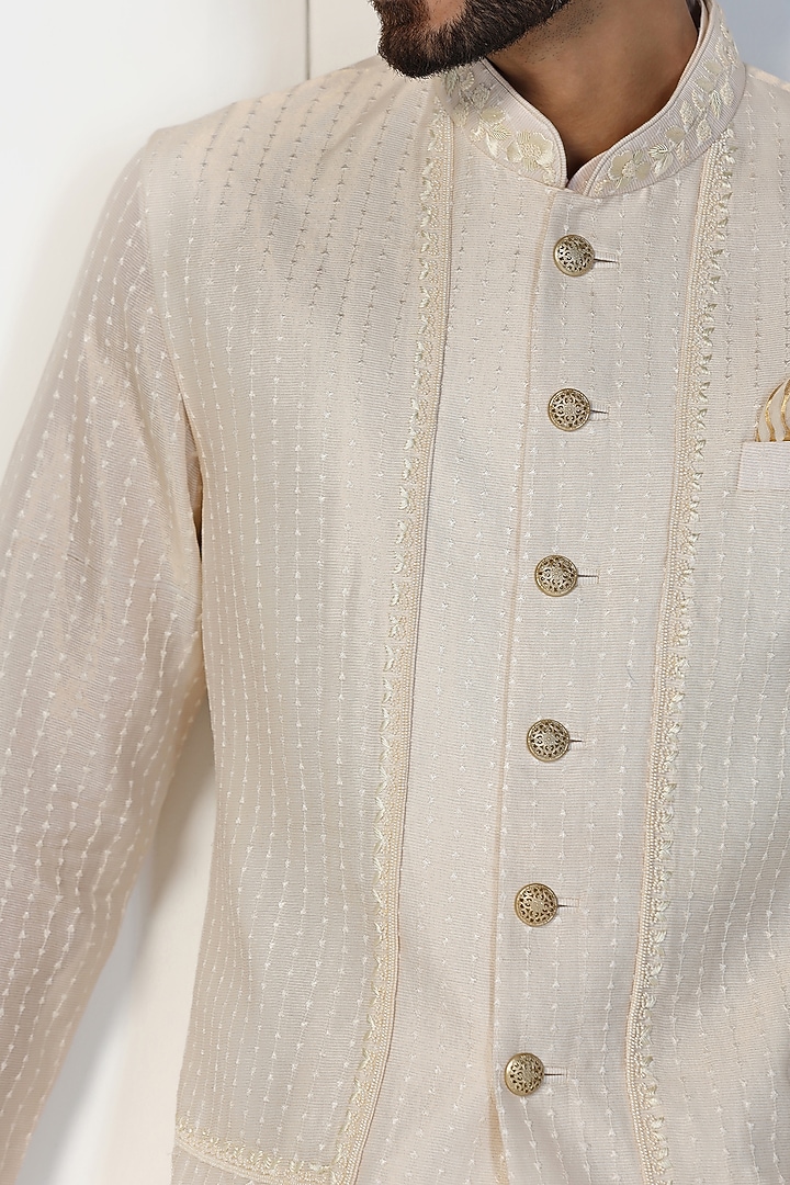 Coconut Cream Zari Tissue Dabka Embroidered Jacket Set by Kushal's Men at Pernia's Pop Up Shop
