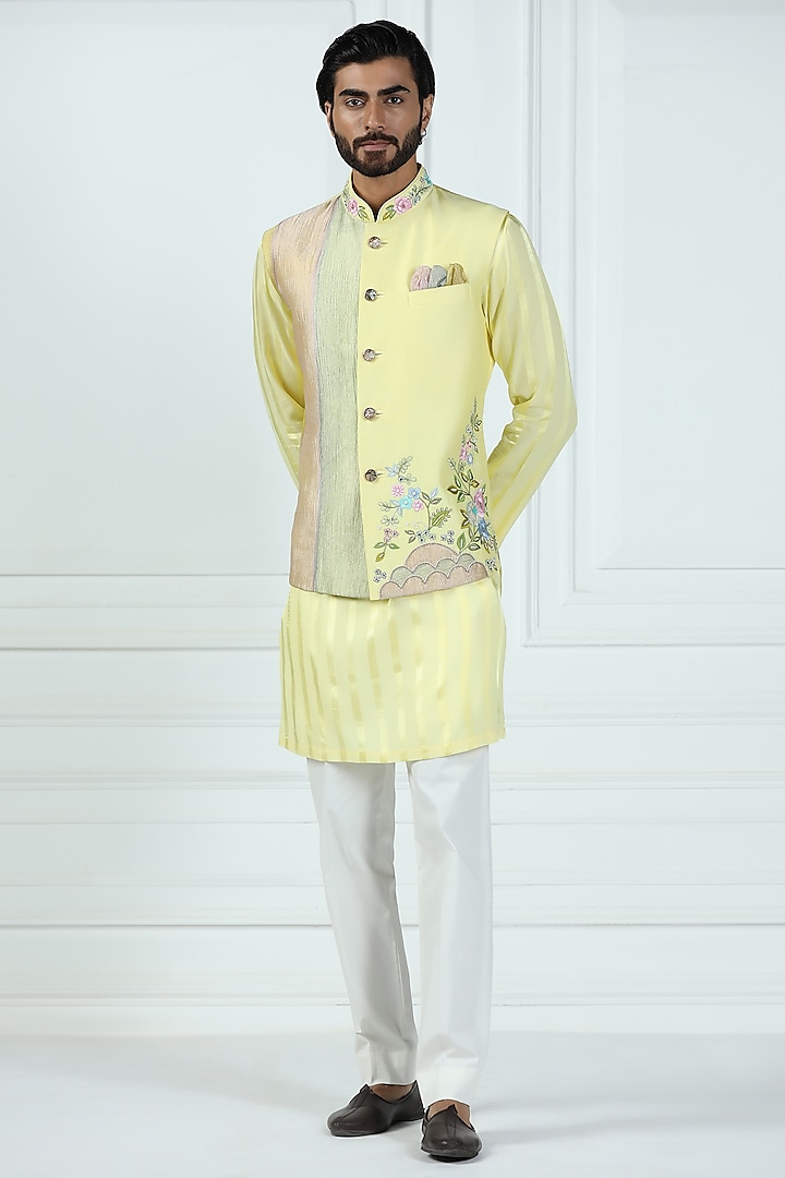 Daffodil Yellow Viscose Silk Hand & Machine Nehru Jacket Set by Kushal's Men at Pernia's Pop Up Shop