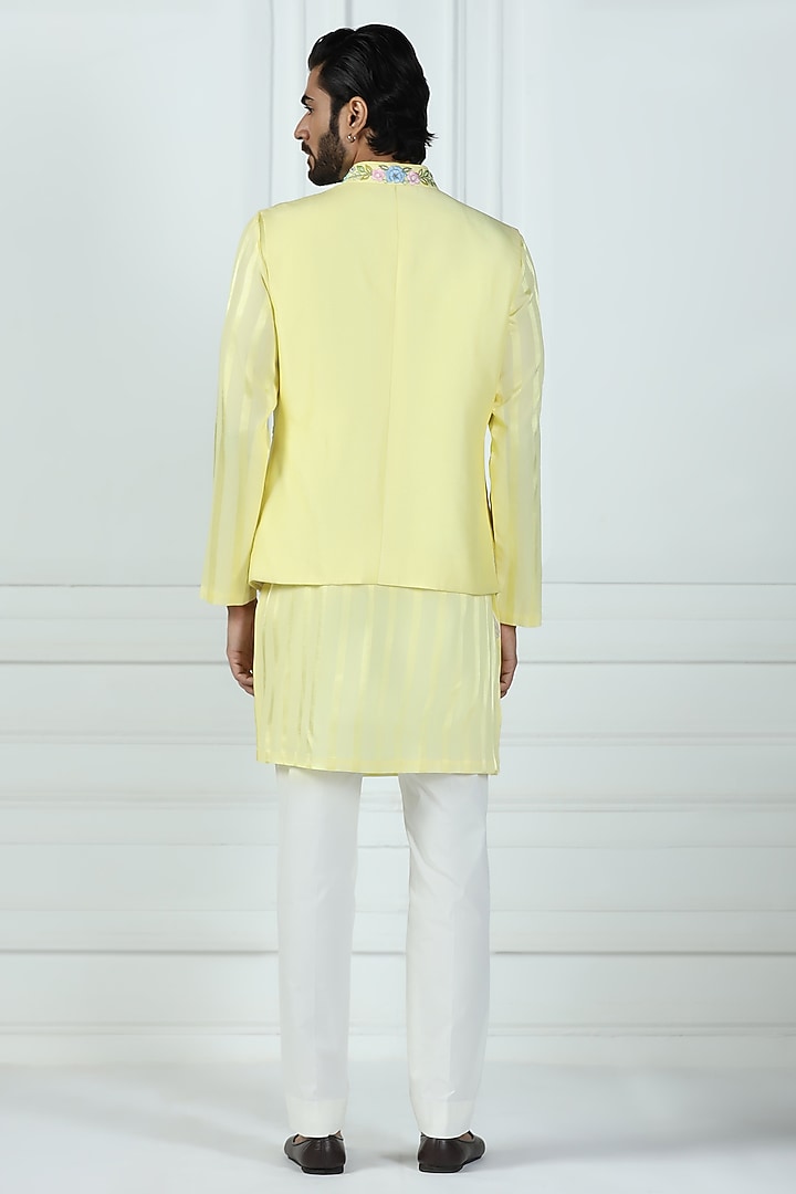 Daffodil Yellow Viscose Silk Hand & Machine Nehru Jacket Set by Kushal's Men at Pernia's Pop Up Shop