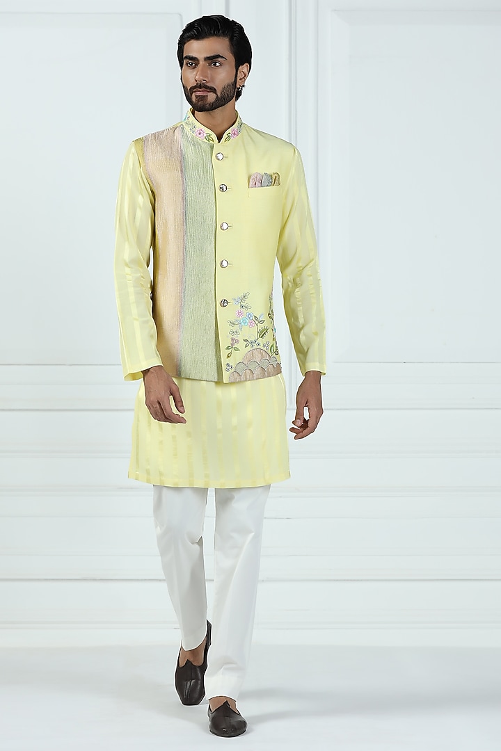 Daffodil Yellow Viscose Silk Hand & Machine Nehru Jacket Set by Kushal's Men at Pernia's Pop Up Shop