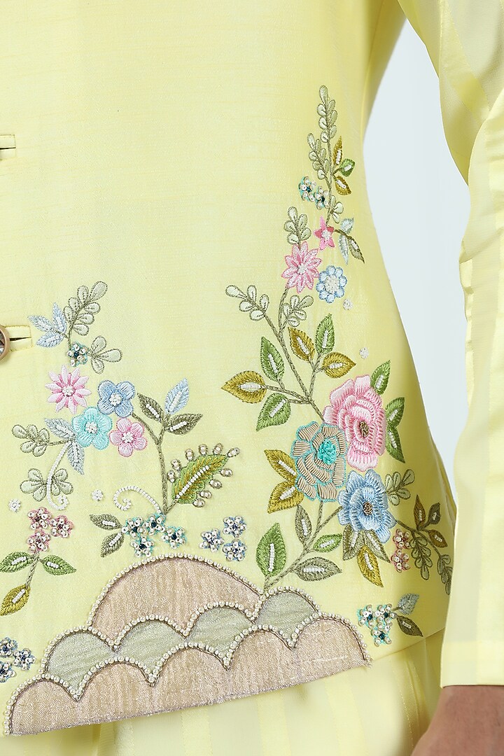 Daffodil Yellow Viscose Silk Hand & Machine Nehru Jacket Set by Kushal's Men at Pernia's Pop Up Shop