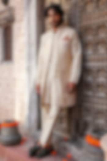 Rose Gold Zari Satin Embroidered Indo-Western Set by Kushal's Men at Pernia's Pop Up Shop