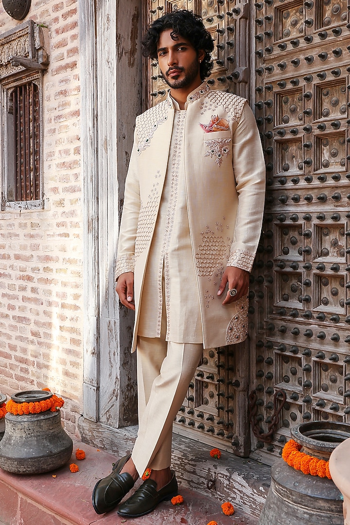 Rose Gold Zari Satin Embroidered Indo-Western Set by Kushal's Men at Pernia's Pop Up Shop