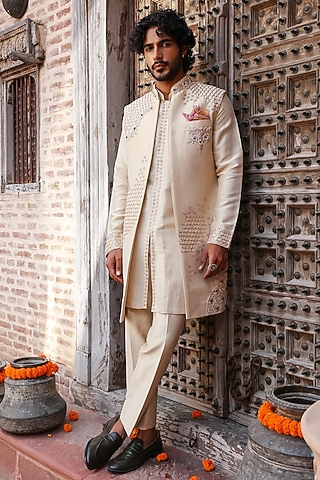 Rose Gold Zari Satin Embroidered Indo-Western Set by Kushal's Men