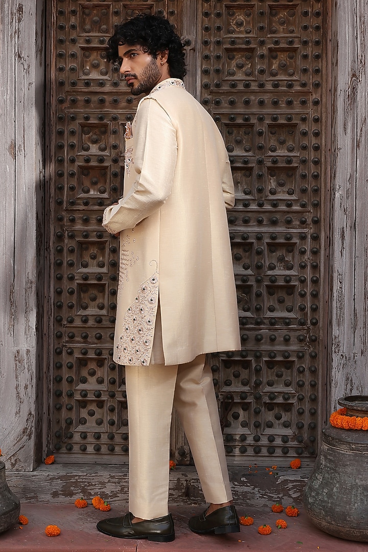 Rose Gold Zari Satin Embroidered Indo-Western Set by Kushal's Men at Pernia's Pop Up Shop