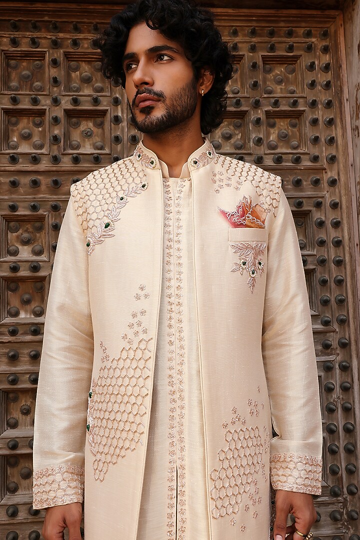 Rose Gold Zari Satin Embroidered Indo-Western Set by Kushal's Men at Pernia's Pop Up Shop
