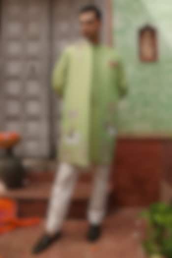 Spring Green Tissue Organza Elephant Motif Indo-Western Set by Kushal's Men at Pernia's Pop Up Shop