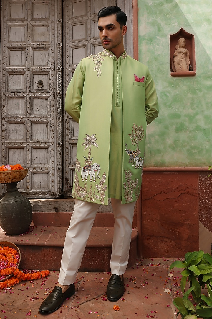 Spring Green Tissue Organza Elephant Motif Indo-Western Set by Kushal's Men at Pernia's Pop Up Shop