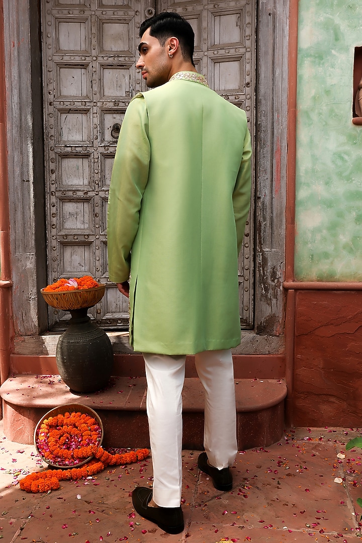 Spring Green Tissue Organza Elephant Motif Indo-Western Set by Kushal's Men at Pernia's Pop Up Shop