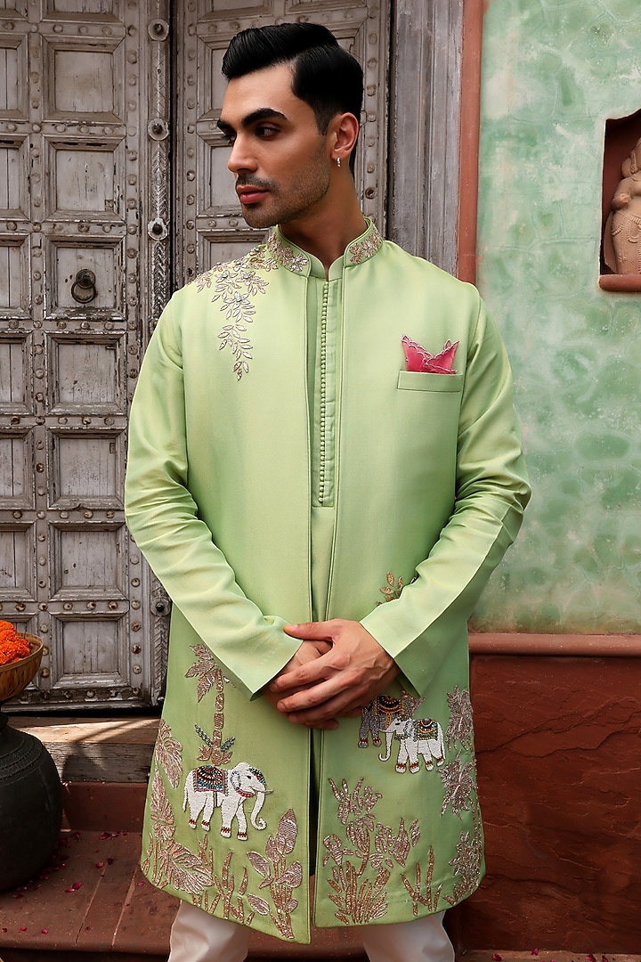 Spring Green Tissue Organza Elephant Motif Indo-Western Set by Kushal's Men at Pernia's Pop Up Shop