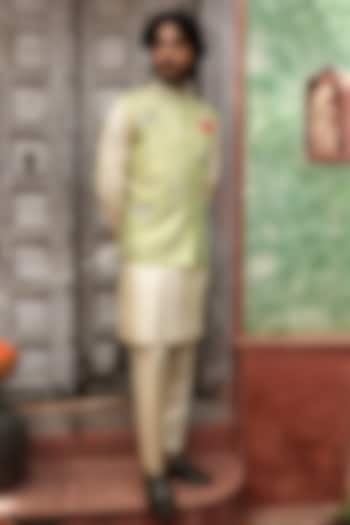 Apple Green Tissue Jacquard Peacock Motif Bundi Set by Kushal's Men at Pernia's Pop Up Shop